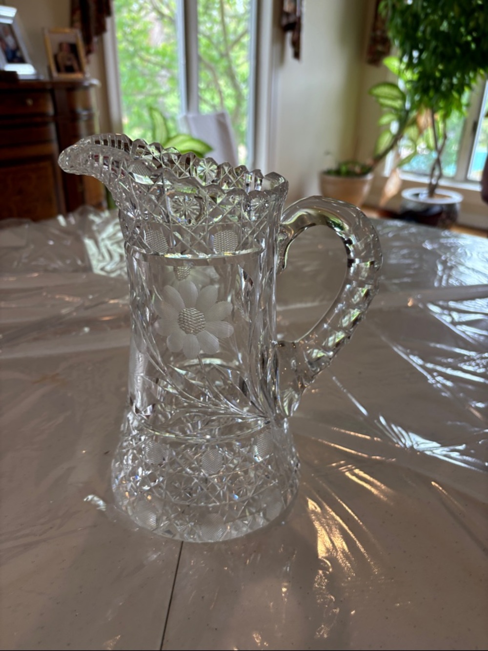 Clear Cut Crystal Floral Pitcher with Etched Detail